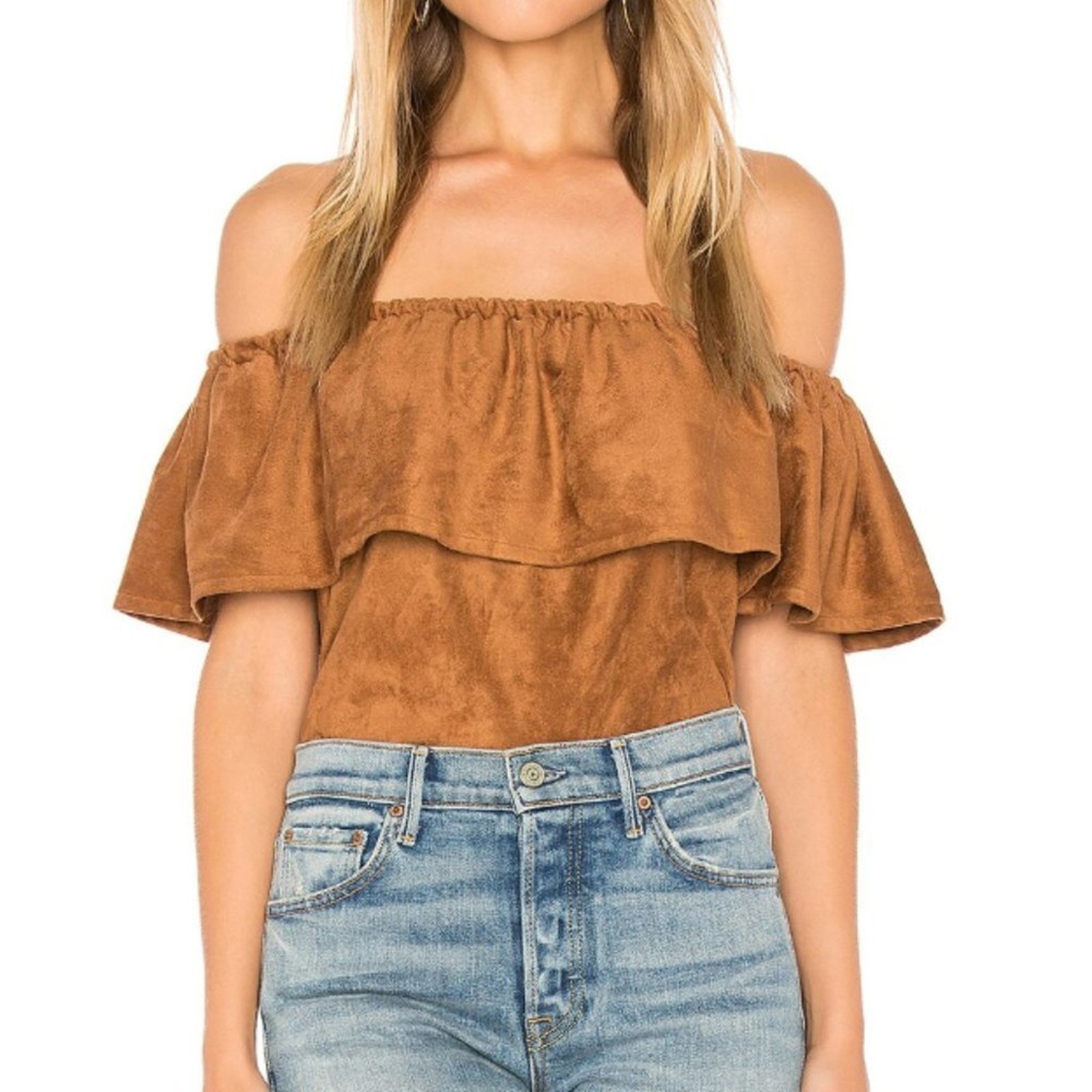 Cupcakes And Cashmere Brown Jennings Faux Suede Off Shoulder Top Size S Nwt